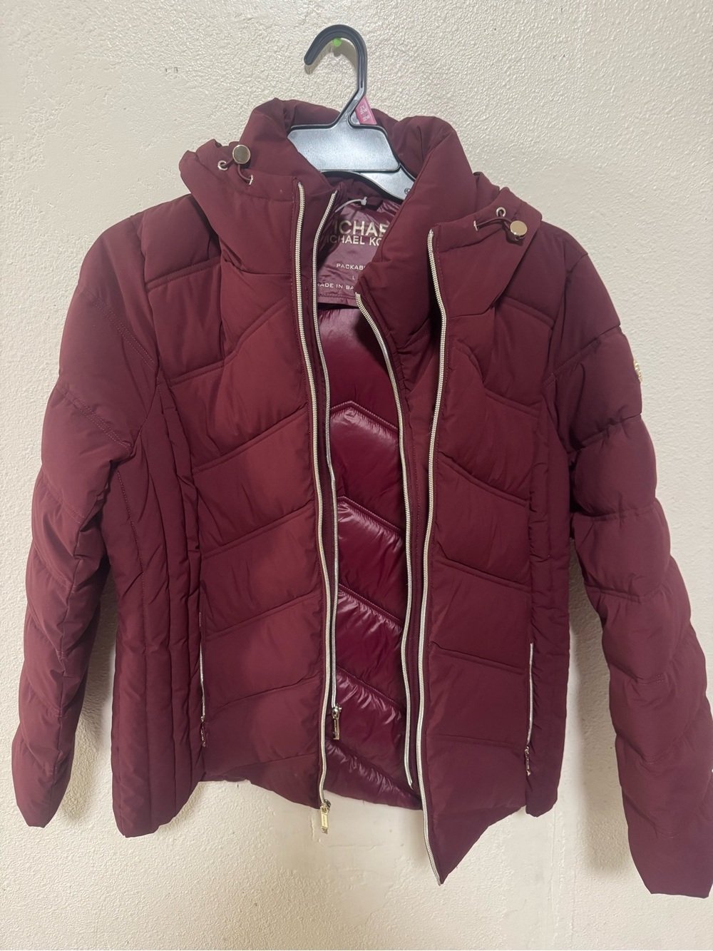 Michael Kors Maroon Quilted Hooded Puffer Jacket